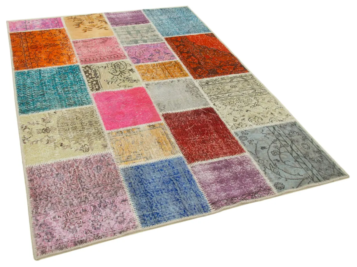 Patchwork Multi Pamuk Üzerine Yün El Dokuma Kilim-147x204 - Görsel 2
