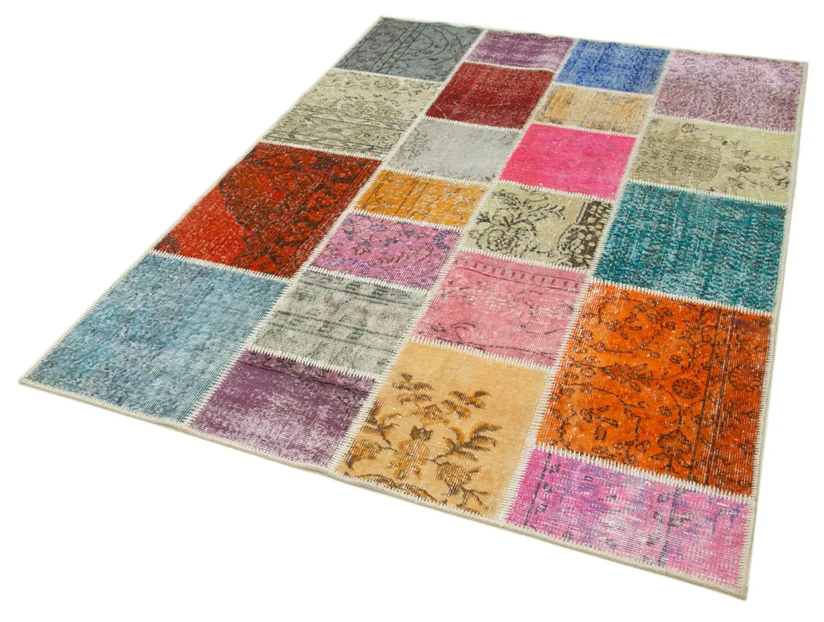 Patchwork Multi Pamuk Üzerine Yün El Dokuma Kilim-147x204 - Görsel 3