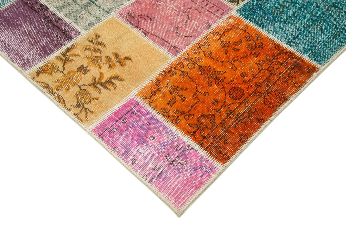 Patchwork Multi Pamuk Üzerine Yün El Dokuma Kilim-147x204 - Görsel 4