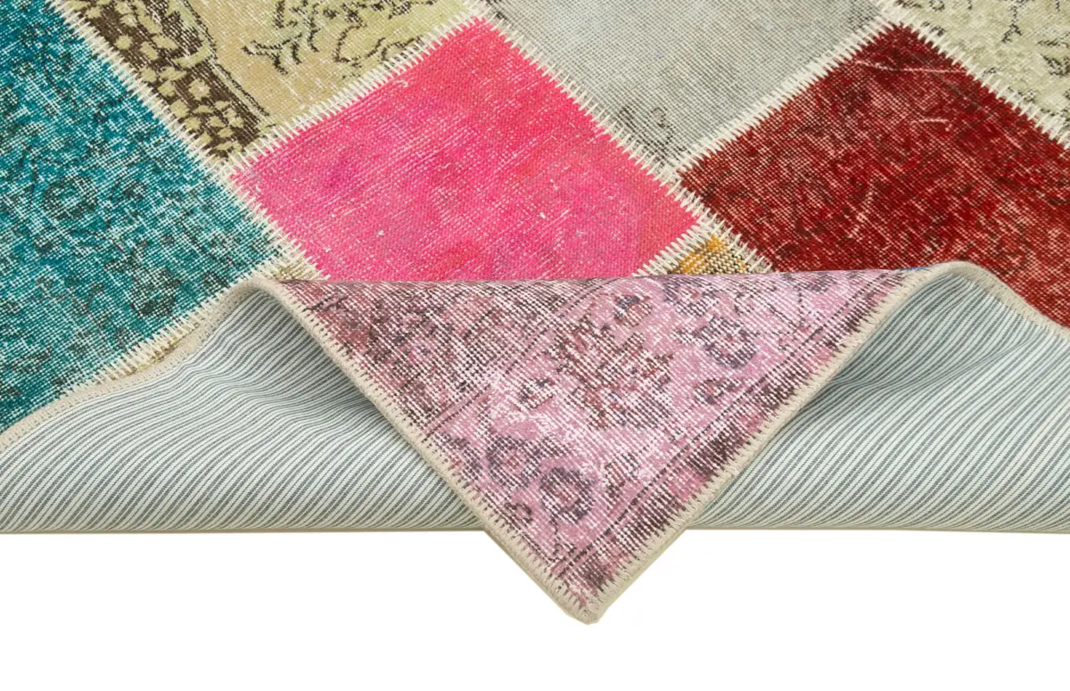 Patchwork Multi Pamuk Üzerine Yün El Dokuma Kilim-147x204 - Görsel 6