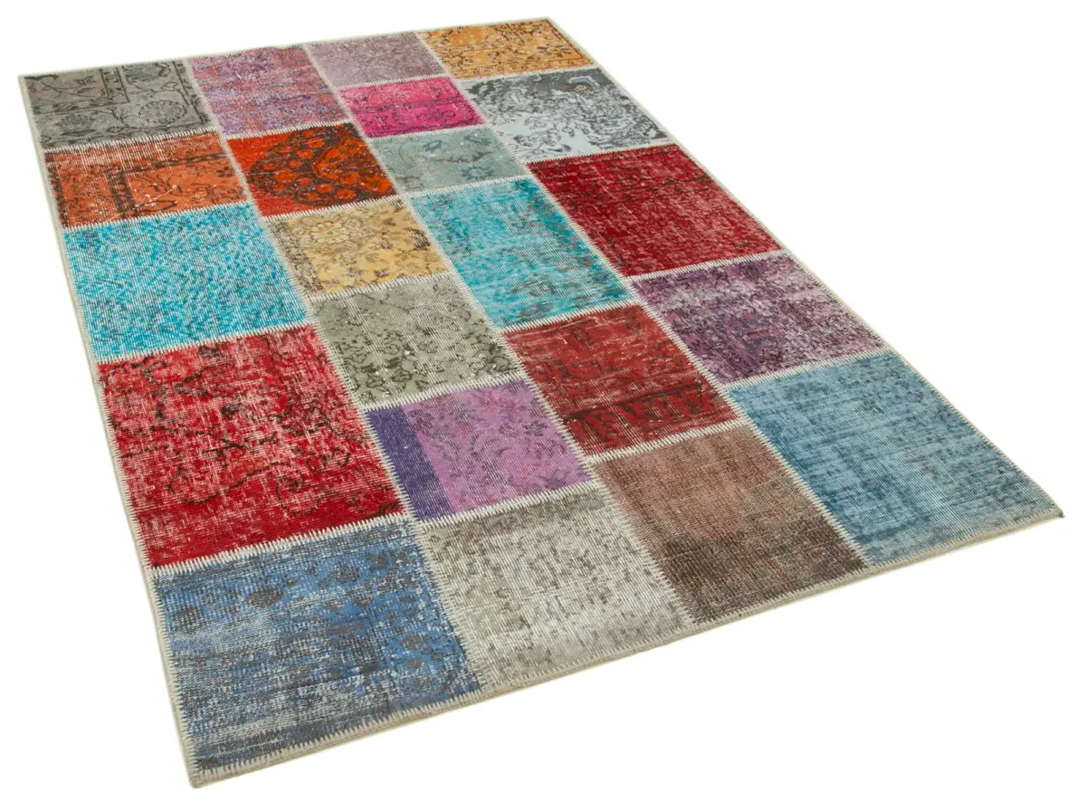 Patchwork Multi Pamuk Üzerine Yün El Dokuma Kilim-142x206 - Görsel 2