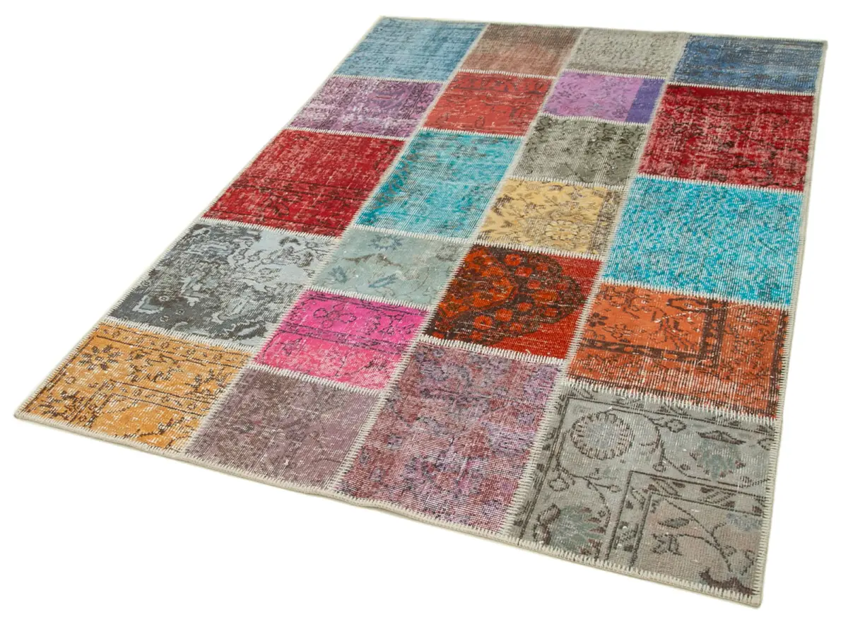 Patchwork Multi Pamuk Üzerine Yün El Dokuma Kilim-142x206 - Görsel 3