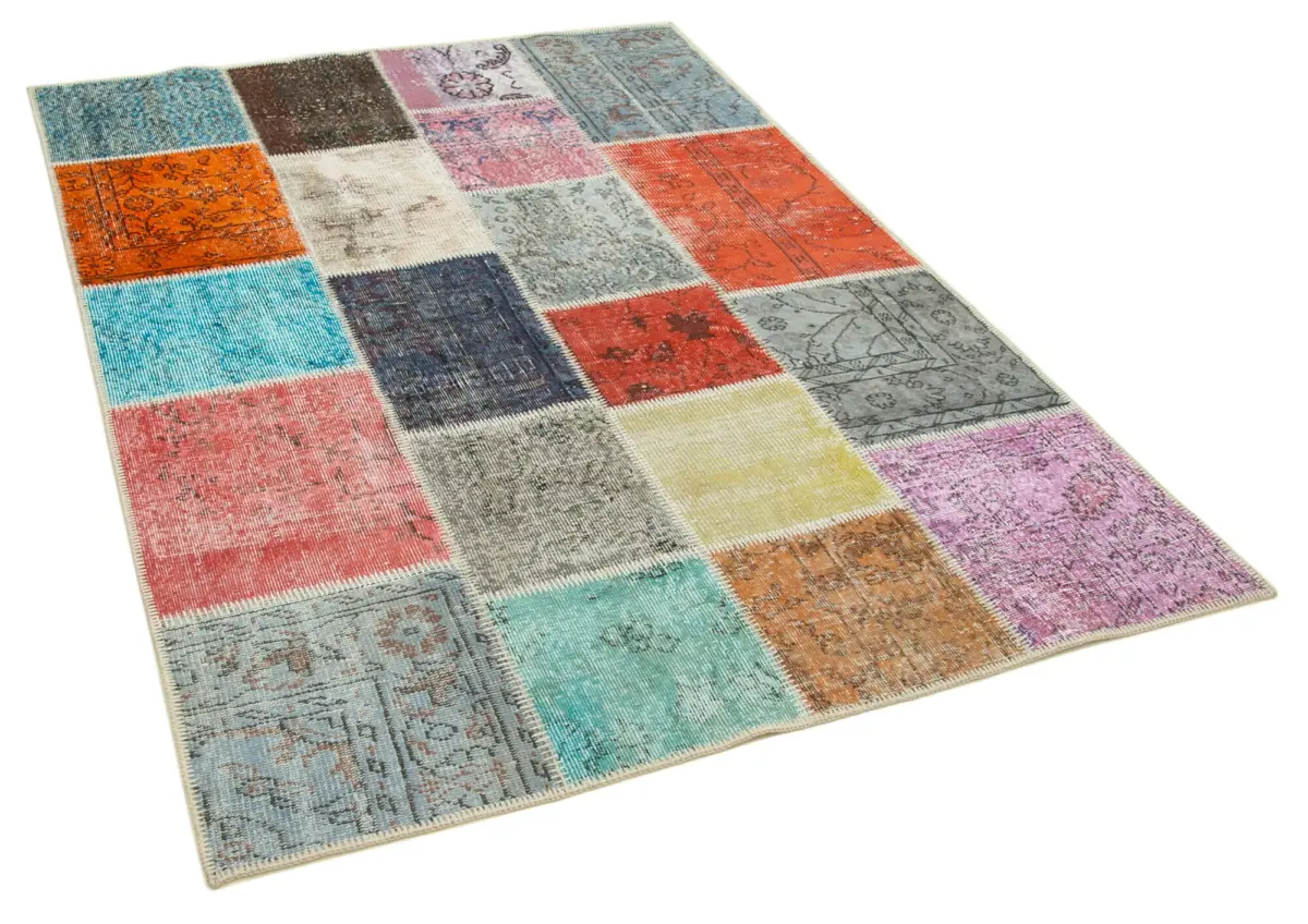 Patchwork Multi Pamuk Üzerine Yün El Dokuma Kilim-143x201 - Görsel 2