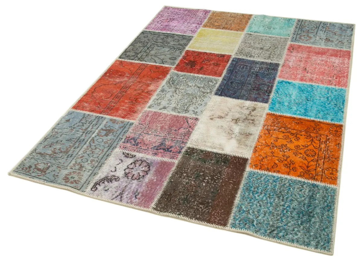 Patchwork Multi Pamuk Üzerine Yün El Dokuma Kilim-143x201 - Görsel 3