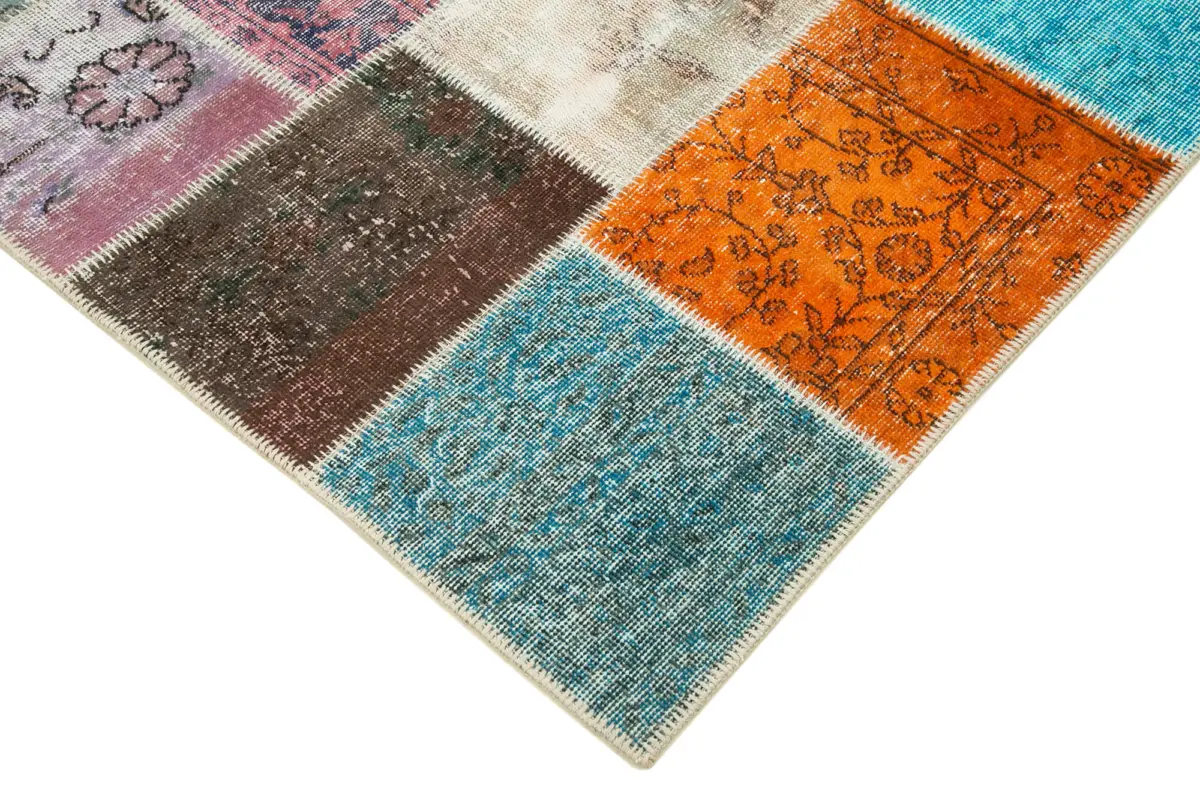 Patchwork Multi Pamuk Üzerine Yün El Dokuma Kilim-143x201 - Görsel 4
