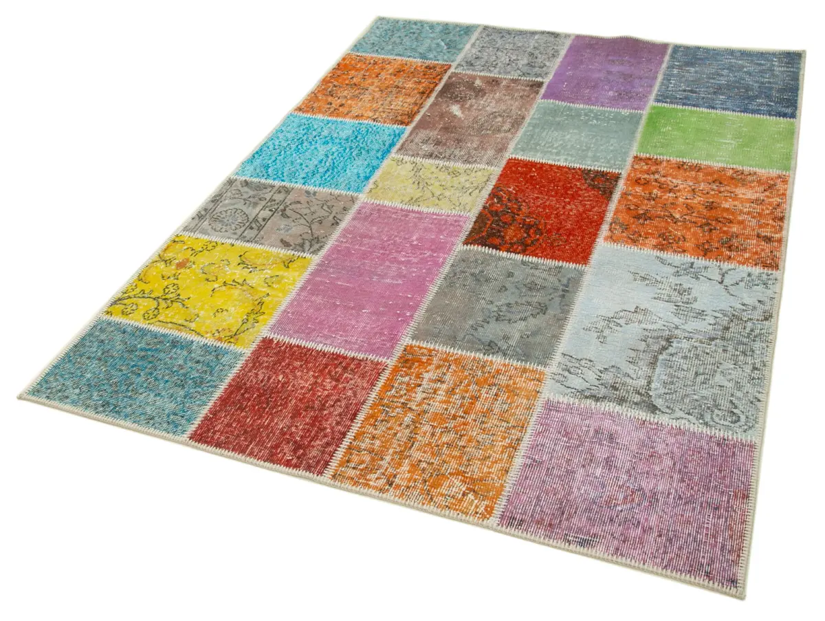 Patchwork Multi Pamuk Üzerine Yün El Dokuma Kilim-145x204 - Görsel 3