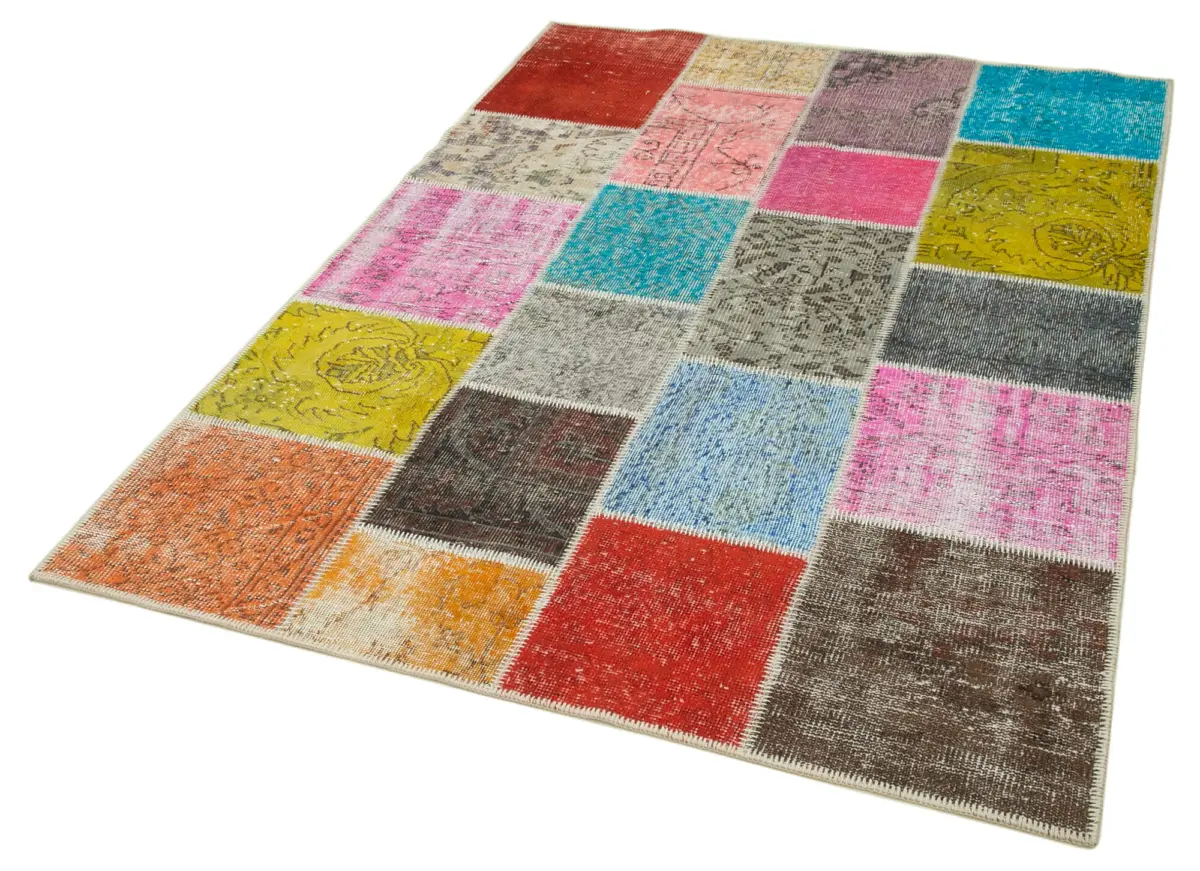 Patchwork Multi Pamuk Üzerine Yün El Dokuma Kilim-144x205 - Görsel 3