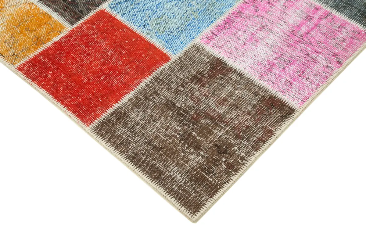Patchwork Multi Pamuk Üzerine Yün El Dokuma Kilim-144x205 - Görsel 4