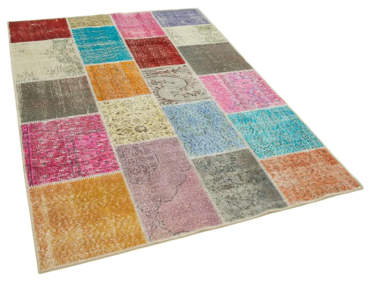 Patchwork Multi Pamuk Üzerine Yün El Dokuma Kilim-145x201 - Görsel 2