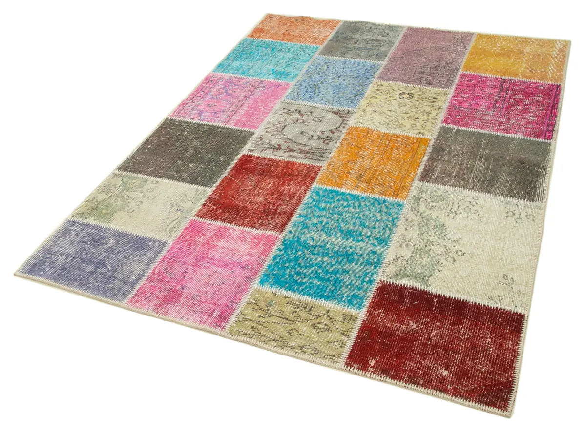 Patchwork Multi Pamuk Üzerine Yün El Dokuma Kilim-145x201 - Görsel 3