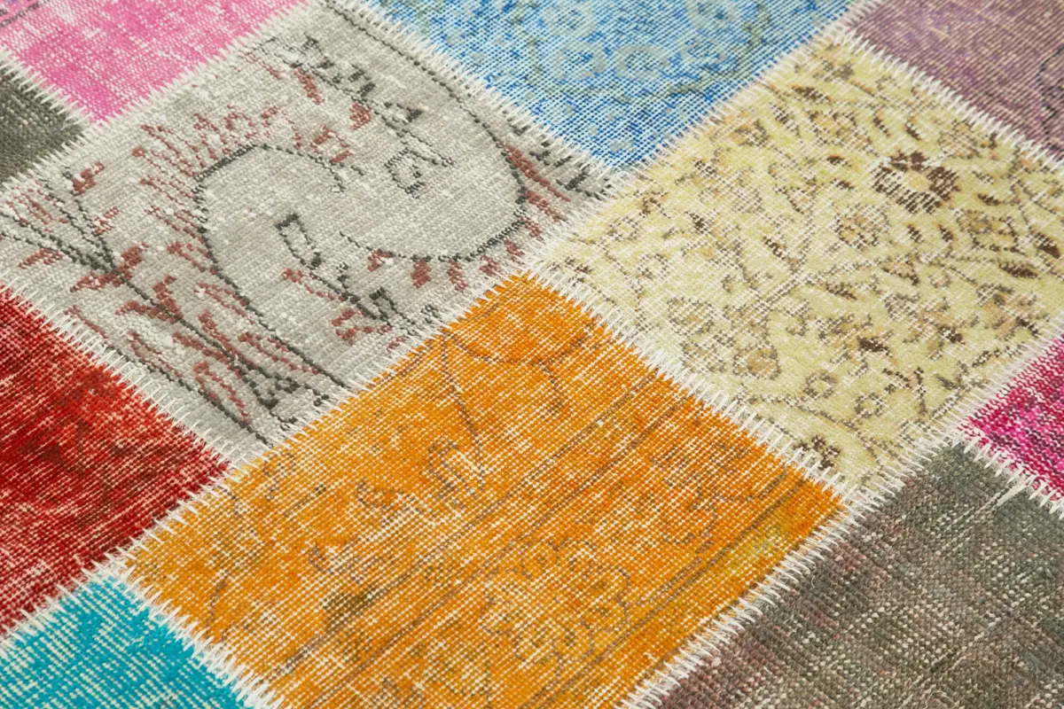 Patchwork Multi Pamuk Üzerine Yün El Dokuma Kilim-145x201 - Görsel 5