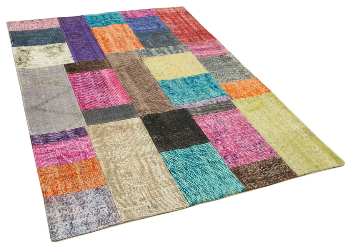 Patchwork Multi Pamuk Üzerine Yün El Dokuma Kilim-143x201 - Görsel 2