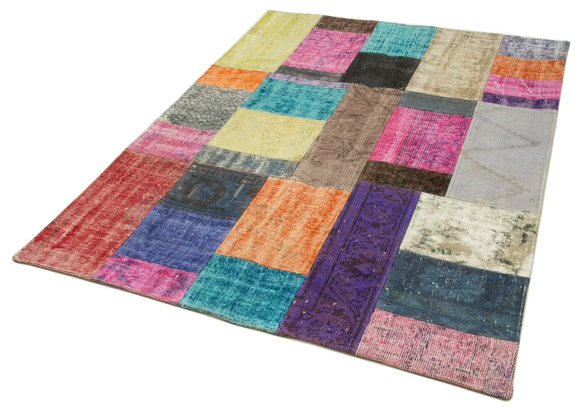 Patchwork Multi Pamuk Üzerine Yün El Dokuma Kilim-143x201 - Görsel 3