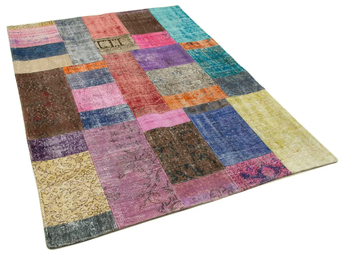 Patchwork Multi Pamuk Üzerine Yün El Dokuma Kilim-143x202 - Görsel 2