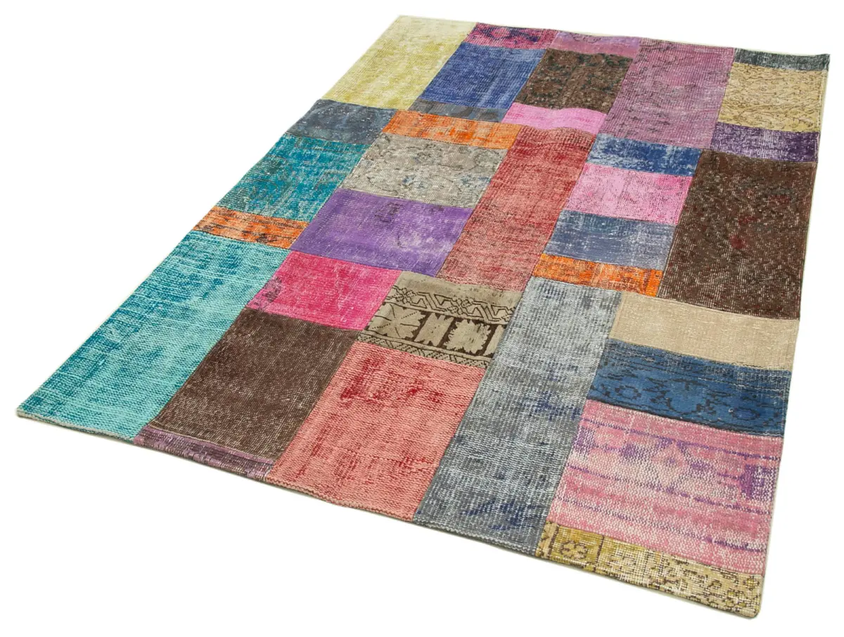 Patchwork Multi Pamuk Üzerine Yün El Dokuma Kilim-143x202 - Görsel 3