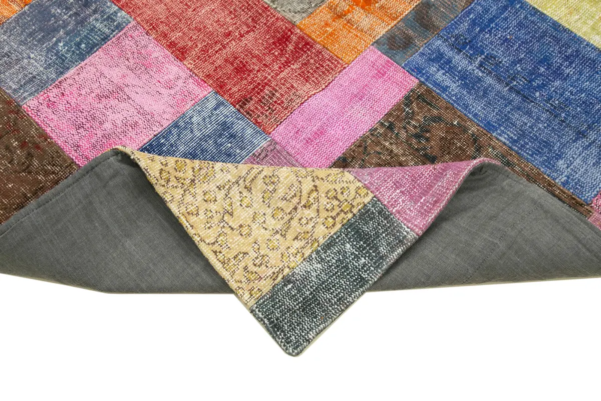 Patchwork Multi Pamuk Üzerine Yün El Dokuma Kilim-143x202 - Görsel 6