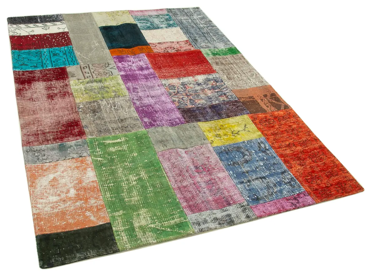 Patchwork Multi Pamuk Üzerine Yün El Dokuma Kilim-143x202 - Görsel 2