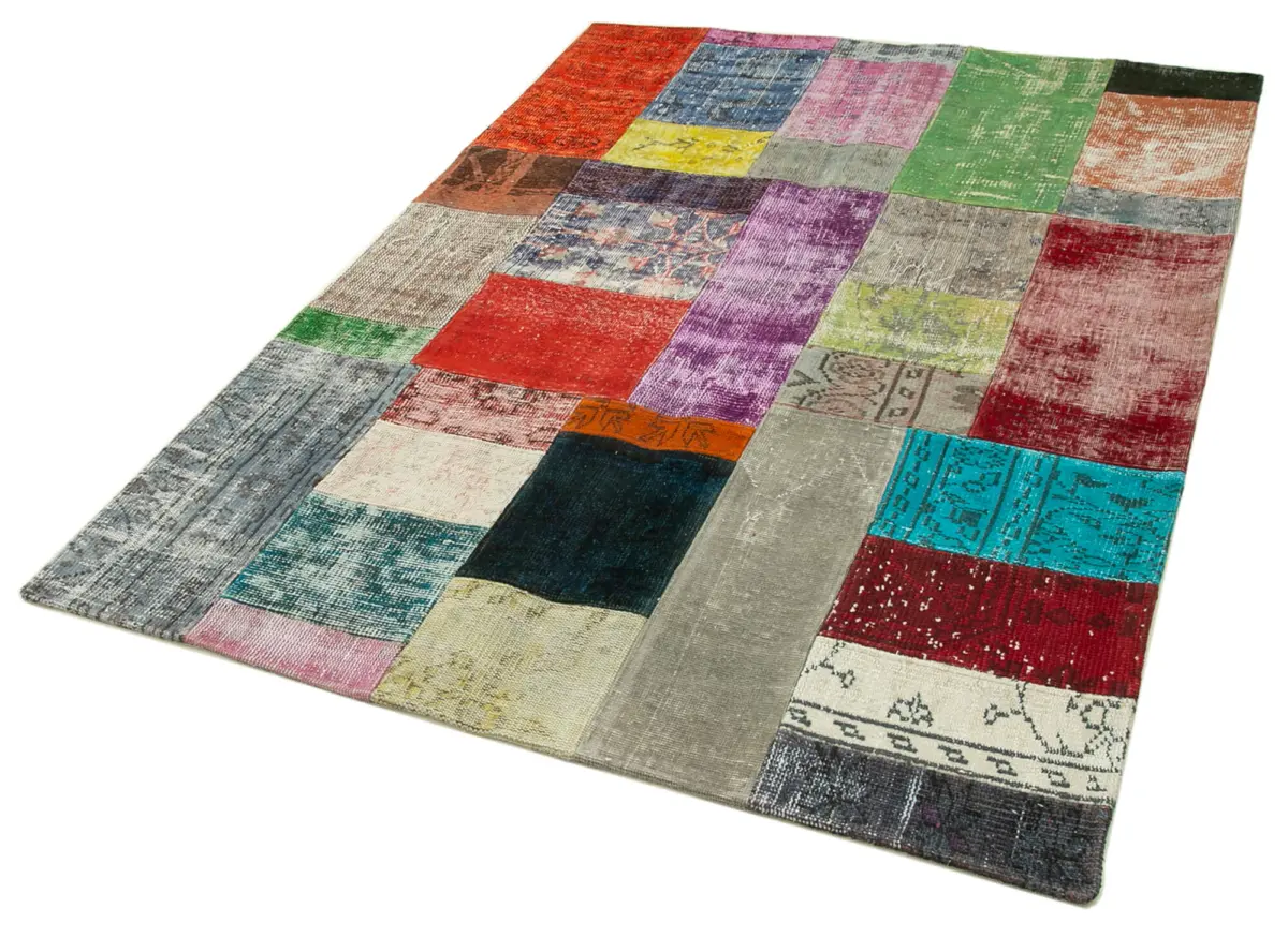 Patchwork Multi Pamuk Üzerine Yün El Dokuma Kilim-143x202 - Görsel 3
