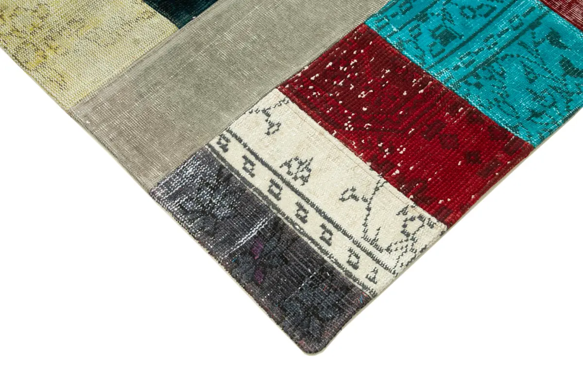 Patchwork Multi Pamuk Üzerine Yün El Dokuma Kilim-143x202 - Görsel 4