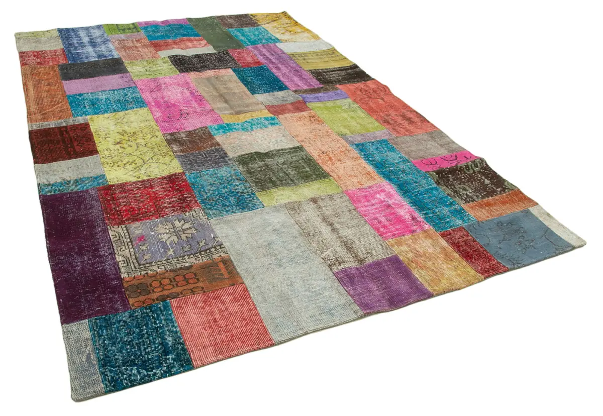 Patchwork Multi Pamuk Üzerine Yün El Dokuma Kilim-204x300 - Görsel 2