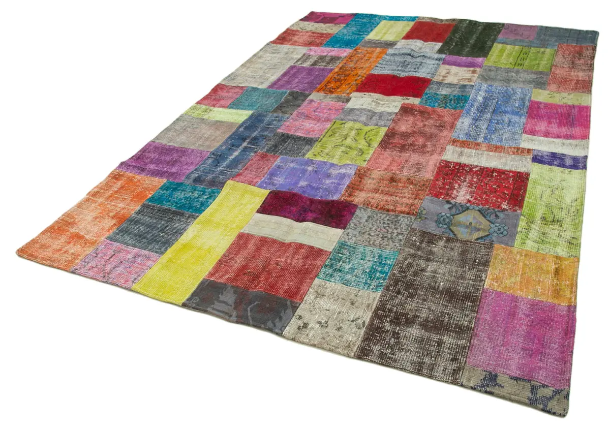 Patchwork Multi Pamuk Üzerine Yün El Dokuma Kilim-203x301 - Görsel 2