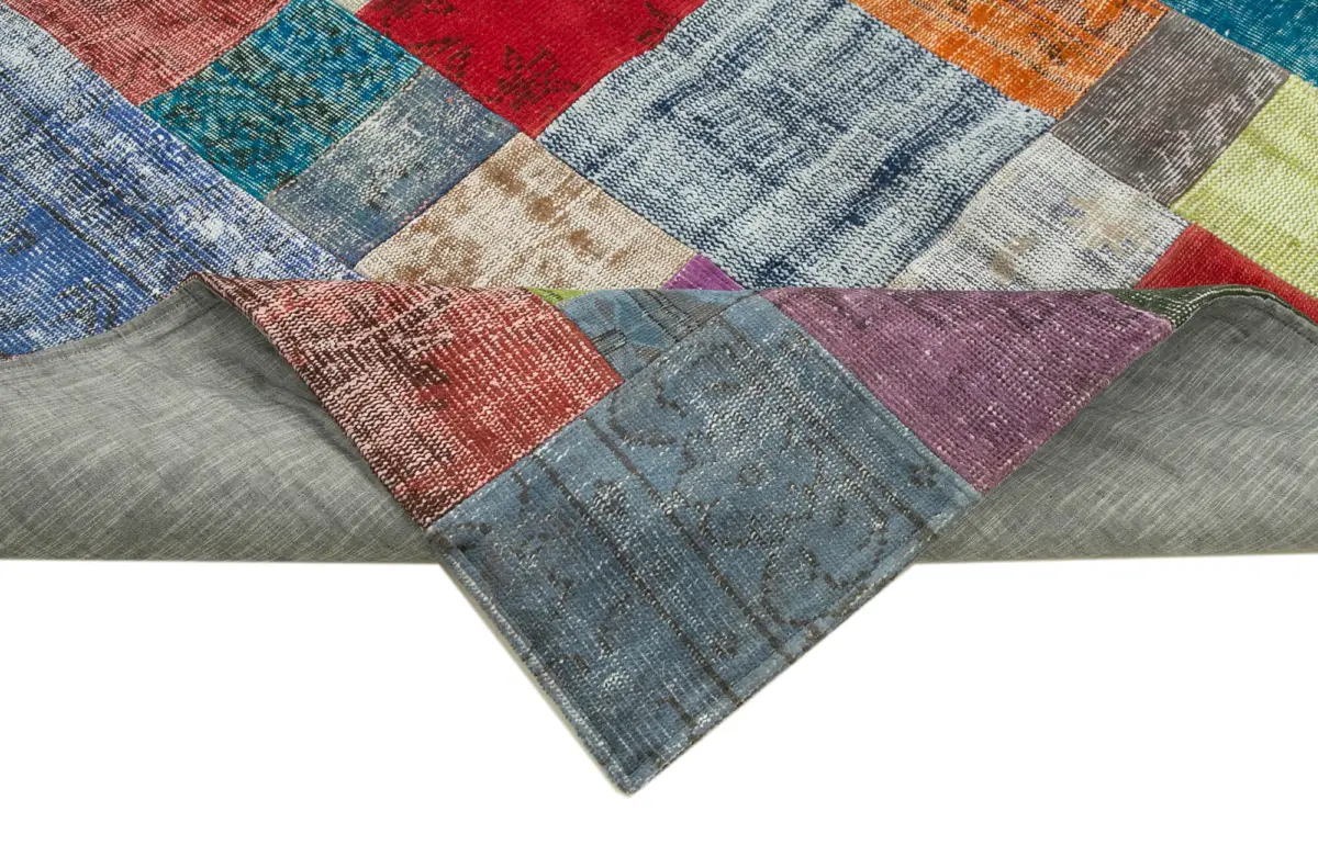 Patchwork Multi Pamuk Üzerine Yün El Dokuma Kilim-203x301 - Görsel 5
