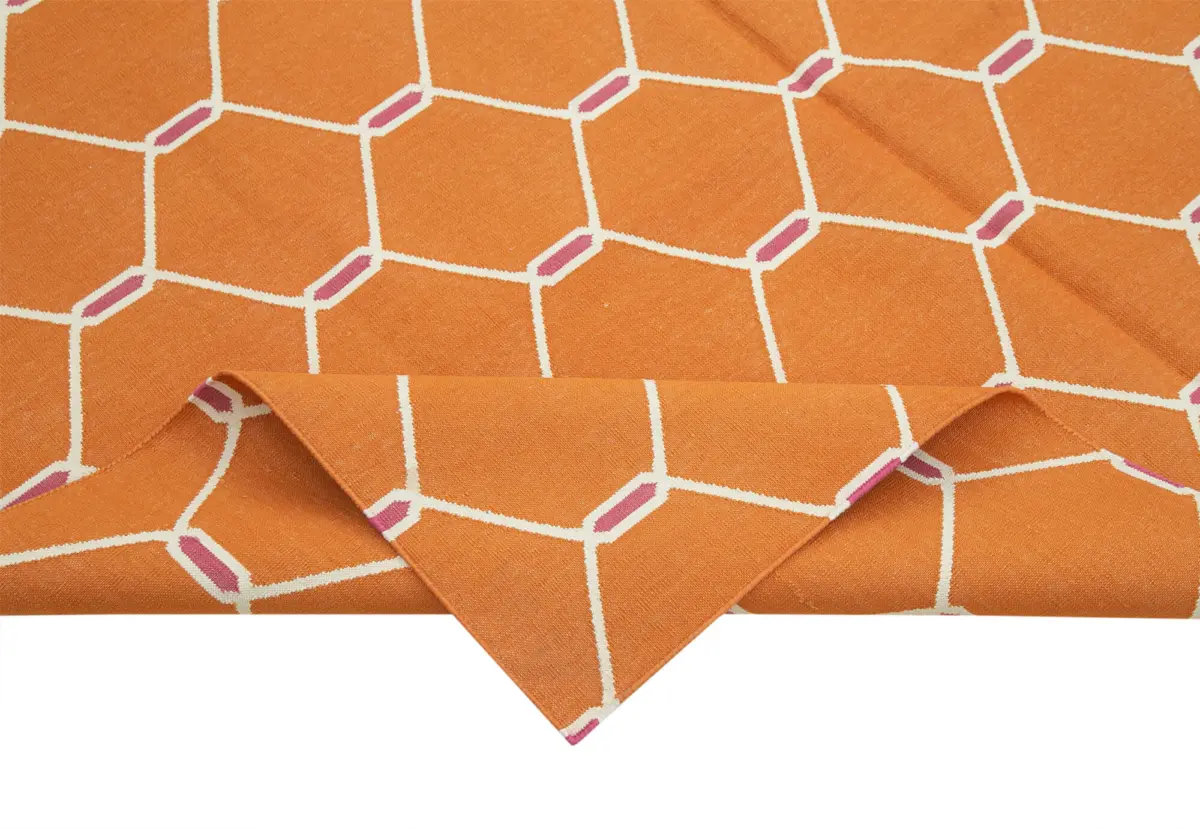 Duri Modern Turuncu Pamuk Üstü Yün El Dokuma Kilim-184x266 - Görsel 6