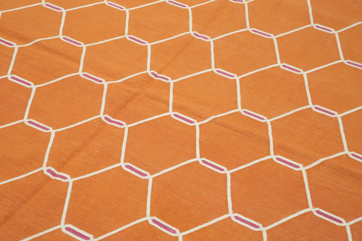 Duri Modern Turuncu Pamuk Üstü Yün El Dokuma Kilim-185x274 - Görsel 5