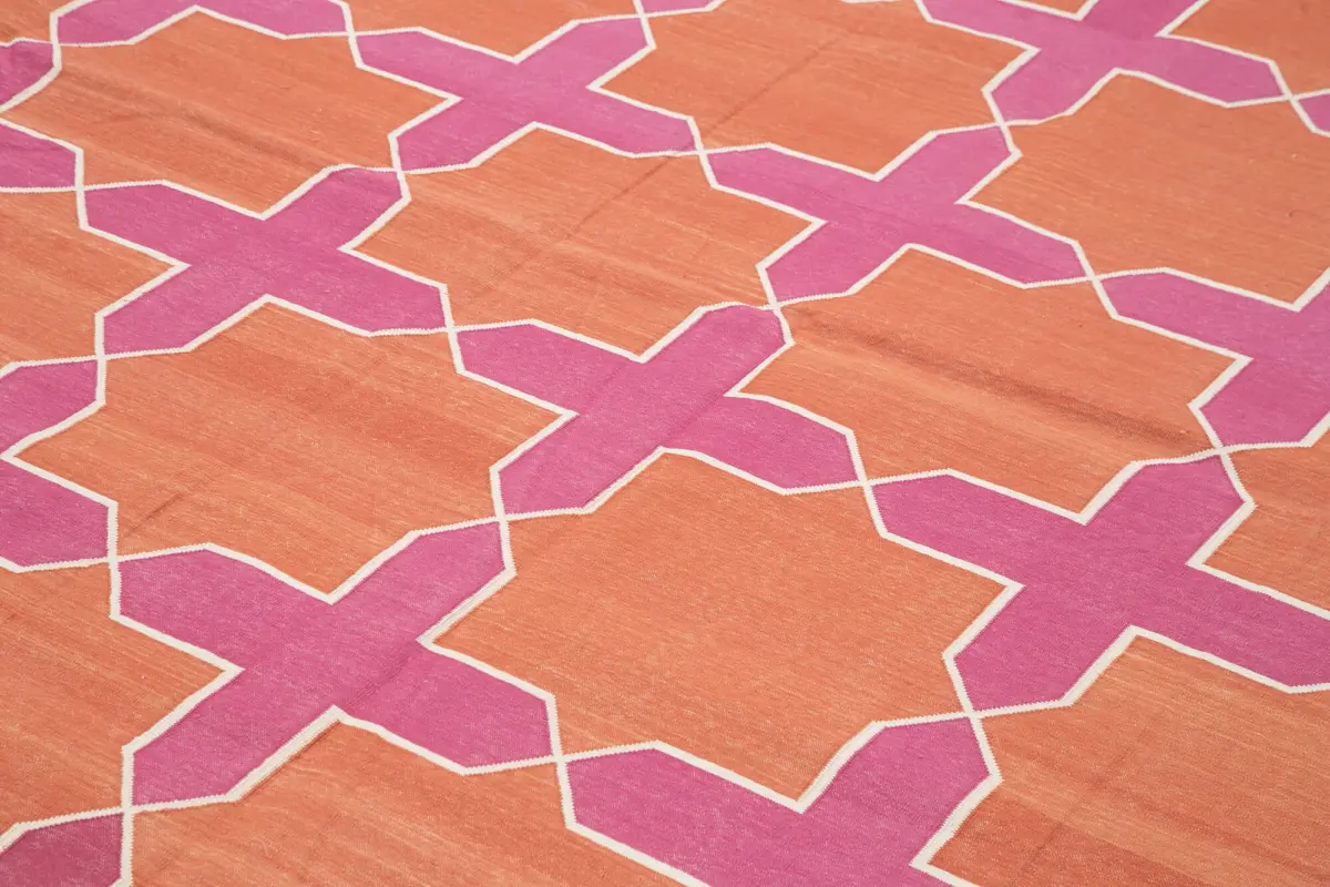 Duri Modern Turuncu Pamuk Üstü Yün El Dokuma Kilim-306x420 - Görsel 5