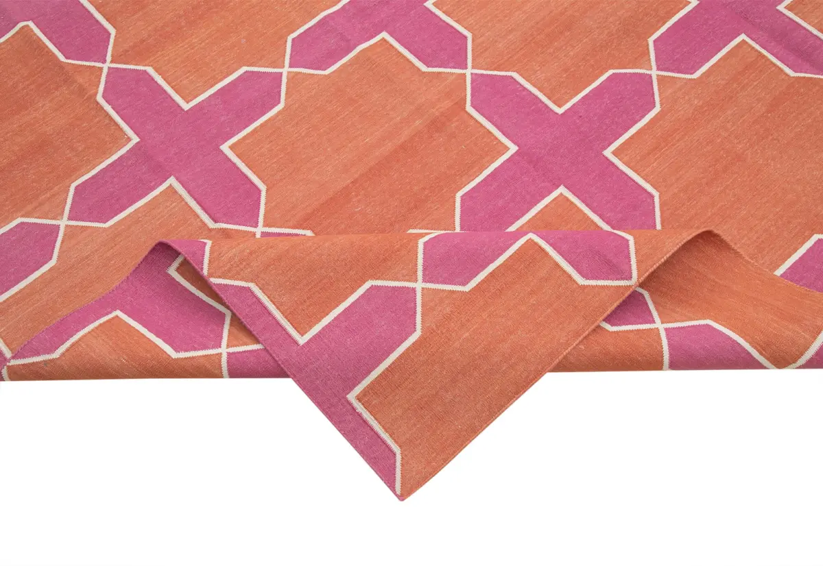 Duri Modern Turuncu Pamuk Üstü Yün El Dokuma Kilim-306x420 - Görsel 6