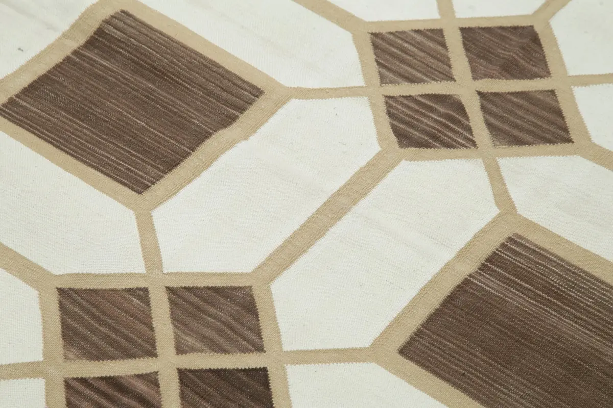 Duri Modern Bej Pamuk Üstü Yün El Dokuma Kilim-109x158 - Görsel 5