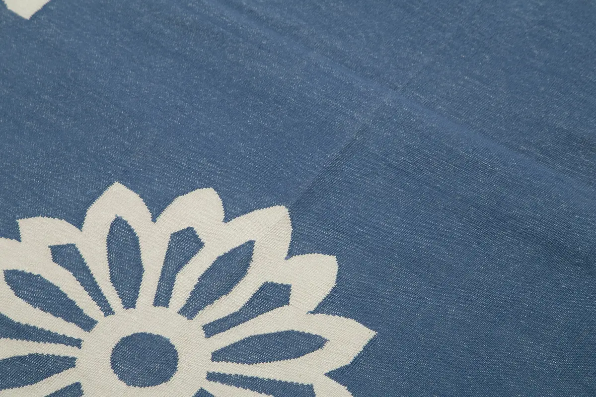 Duri Modern Mavi Pamuk Üstü Yün El Dokuma Kilim-110x166 - Görsel 5