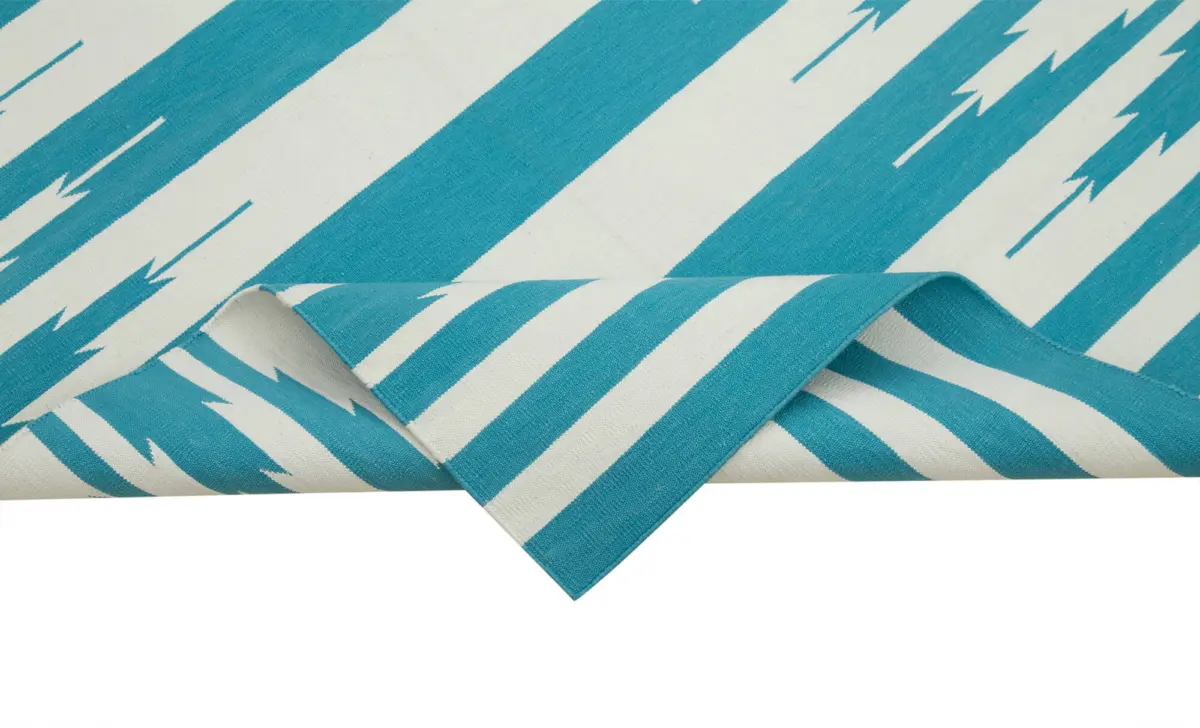 Duri Modern Turkuaz Pamuk Üstü Yün El Dokuma Kilim-105x166 - Görsel 6