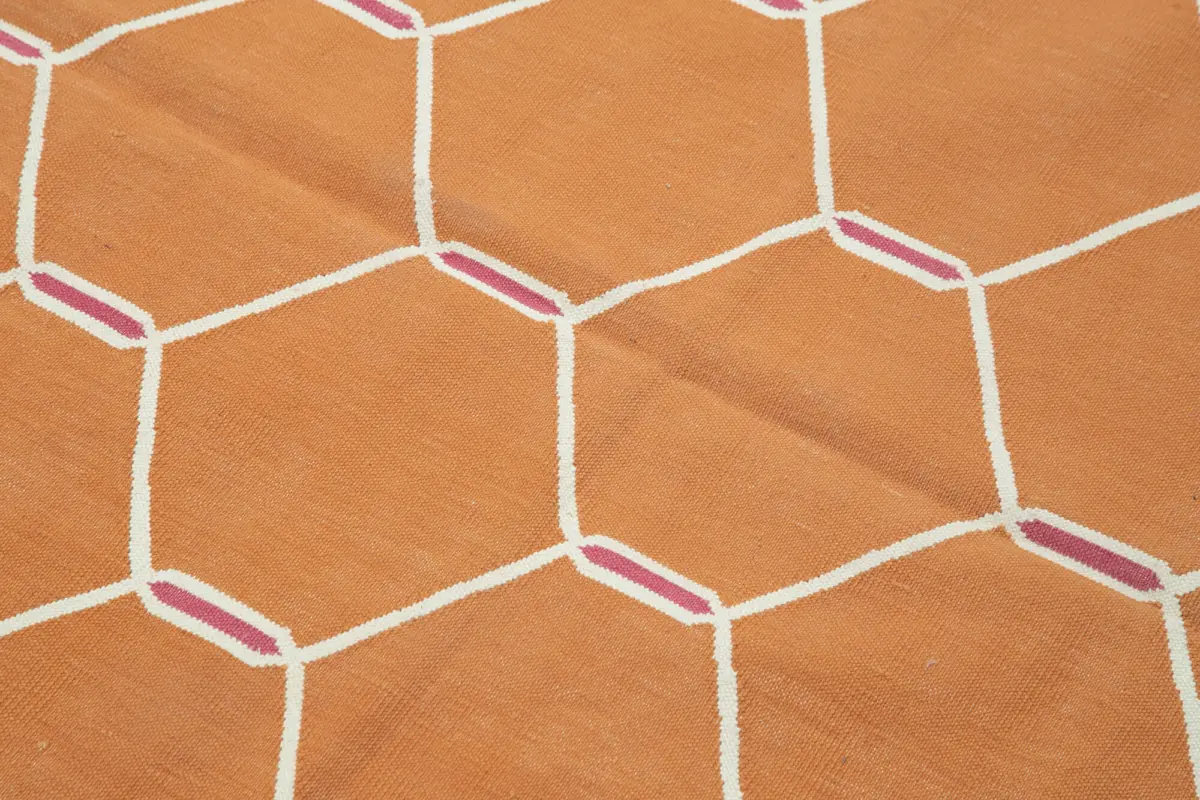 Duri Modern Turuncu Pamuk Üstü Yün El Dokuma Kilim-106x168 - Görsel 5