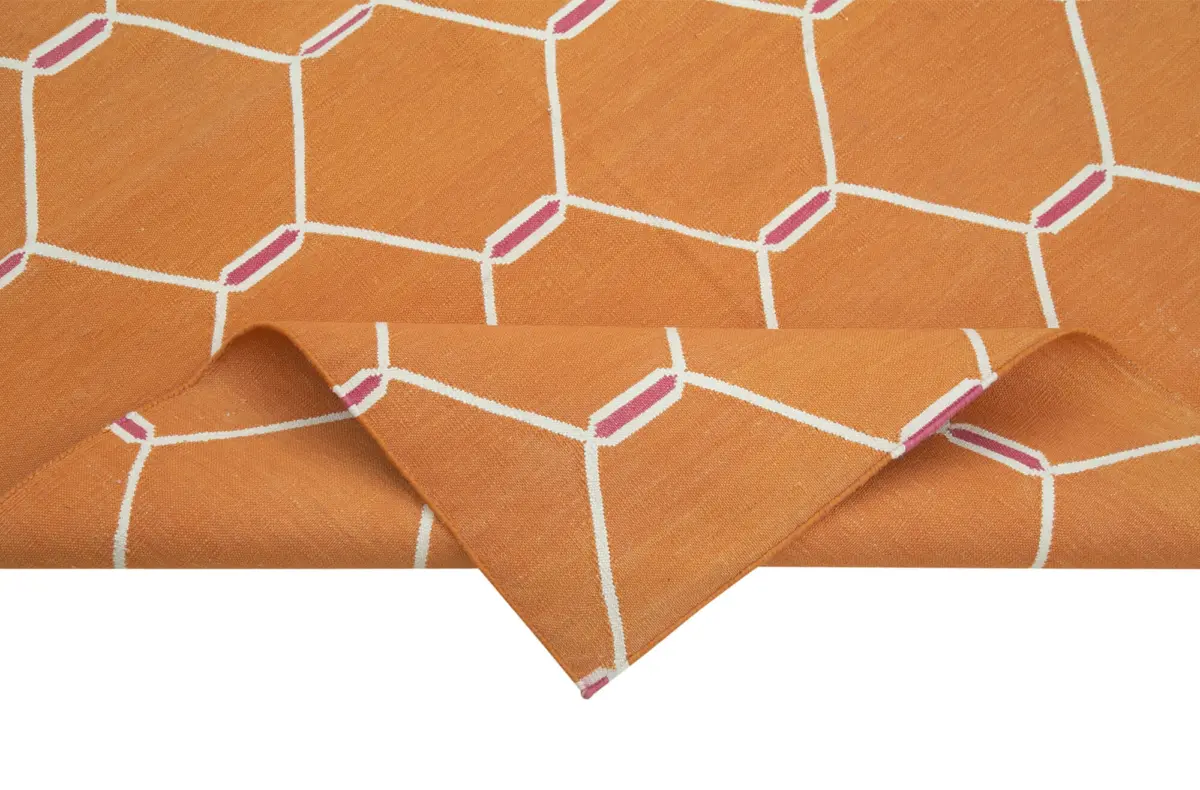 Duri Modern Turuncu Pamuk Üstü Yün El Dokuma Kilim-112x171 - Görsel 6