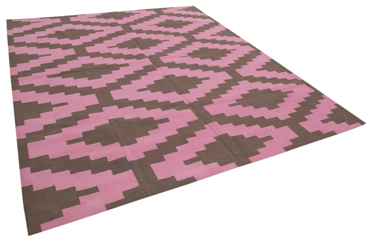 Duri Modern Pembe Pamuk Üstü Yün El Dokuma Kilim-245x300 - Görsel 2