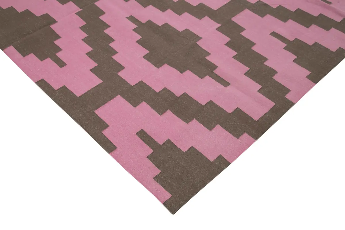 Duri Modern Pembe Pamuk Üstü Yün El Dokuma Kilim-245x300 - Görsel 4