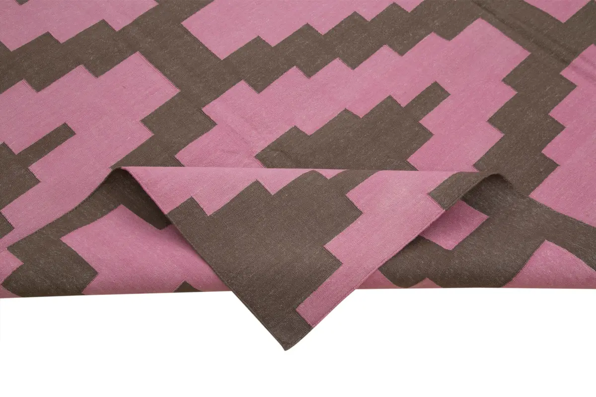 Duri Modern Pembe Pamuk Üstü Yün El Dokuma Kilim-245x300 - Görsel 6