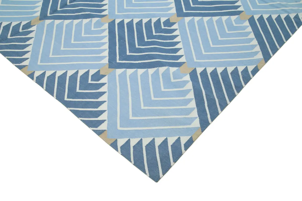 Duri Modern Mavi Pamuk Üstü Yün El Dokuma Kilim-246x300 - Görsel 4