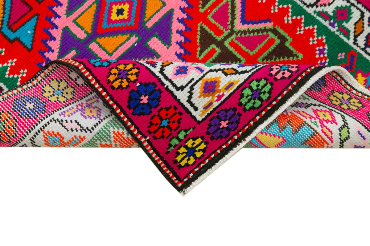 Herki Eskitme Kırmızı Pamuk Üzerine Yün El Dokuma Halı-082x370 - Görsel 6