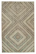 Damalı Modern Dizayn Geometrik Bej Pamuk Üstü Yün El Dokuma Halı-172x270