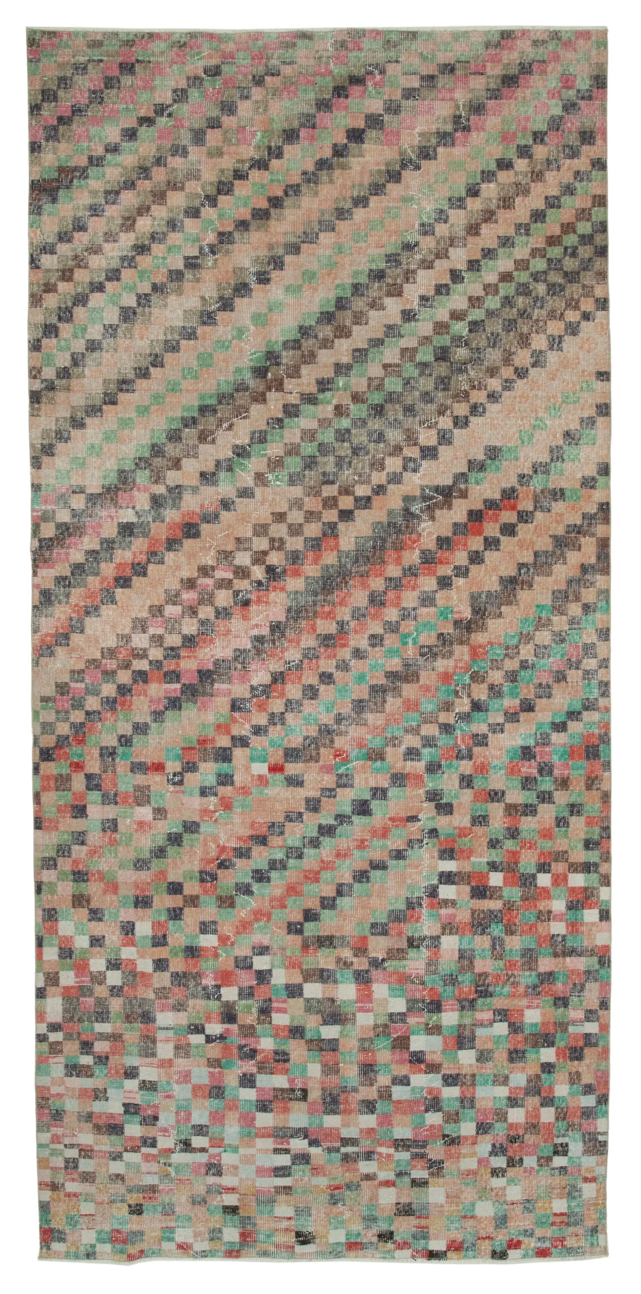 Damalı Modern Dizayn Geometrik Multi Renk Pamuk Üstü Yün El Dokuma Halı-160x354 - Görsel 1