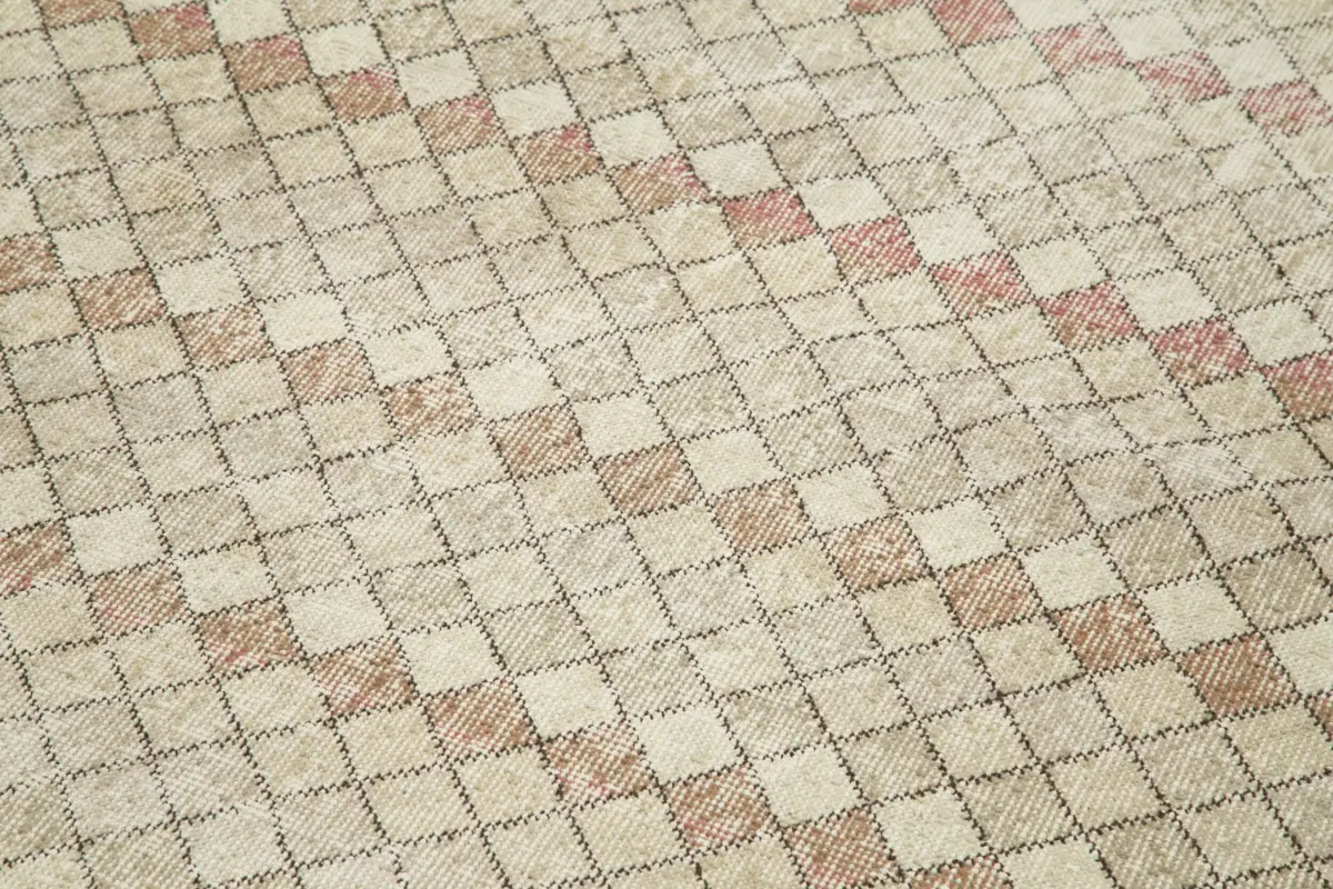 Damalı Modern Dizayn Geometrik Bej Pamuk Üstü Yün El Dokuma Halı-125x280 - Görsel 5