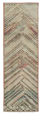 Damalı Modern Dizayn Geometrik Multi Renk Pamuk Üstü Yün El Dokuma Halı-119x370