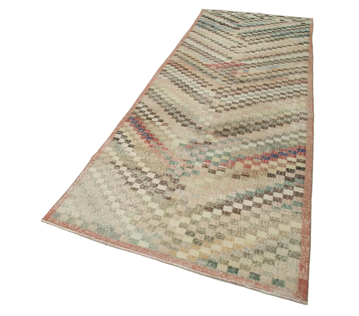 Damalı Modern Dizayn Geometrik Multi Renk Pamuk Üstü Yün El Dokuma Halı-119x370 - Görsel 3