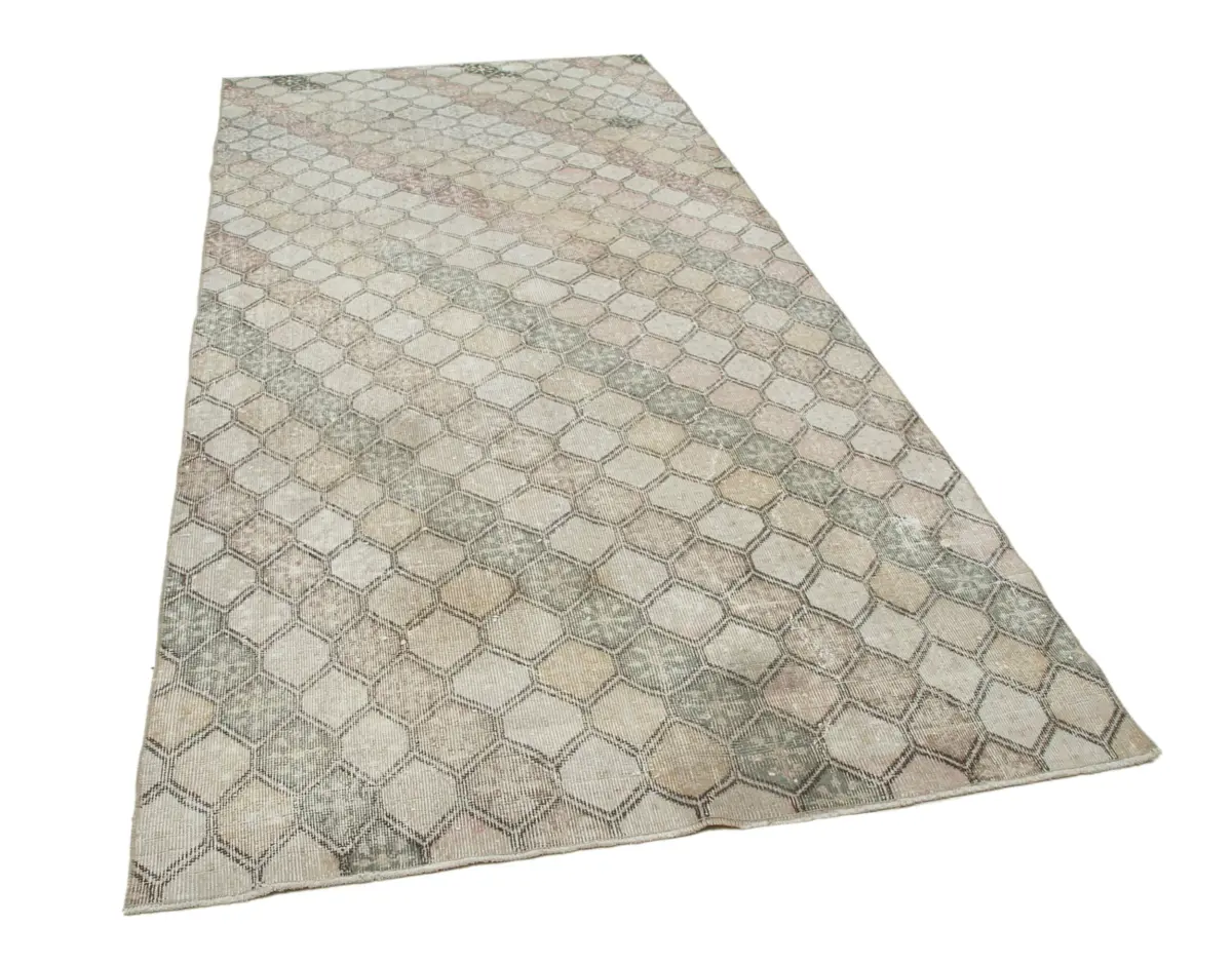 Damalı Modern Dizayn Geometrik Bej Pamuk Üstü Yün El Dokuma Halı-147x320 - Görsel 2