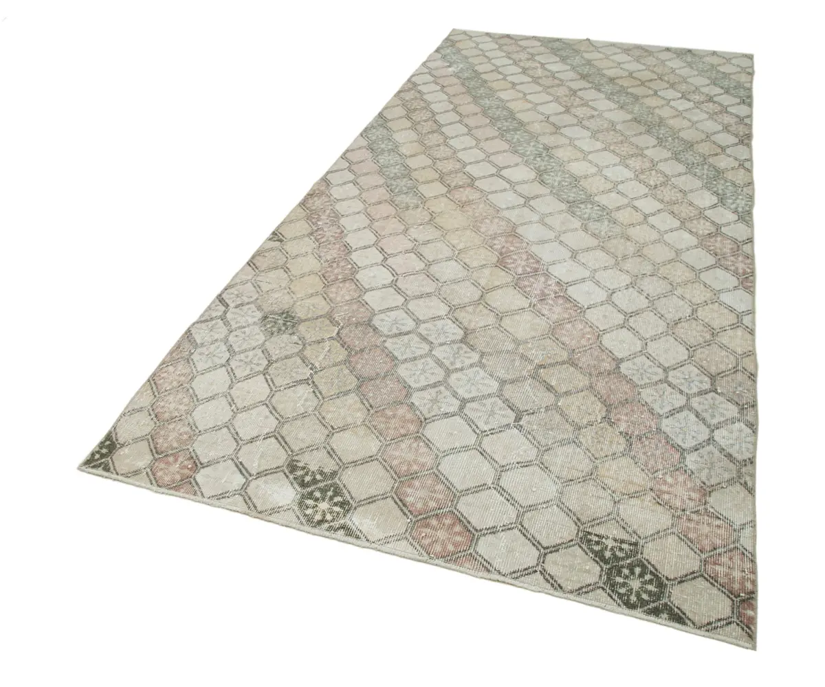 Damalı Modern Dizayn Geometrik Bej Pamuk Üstü Yün El Dokuma Halı-147x320 - Görsel 3