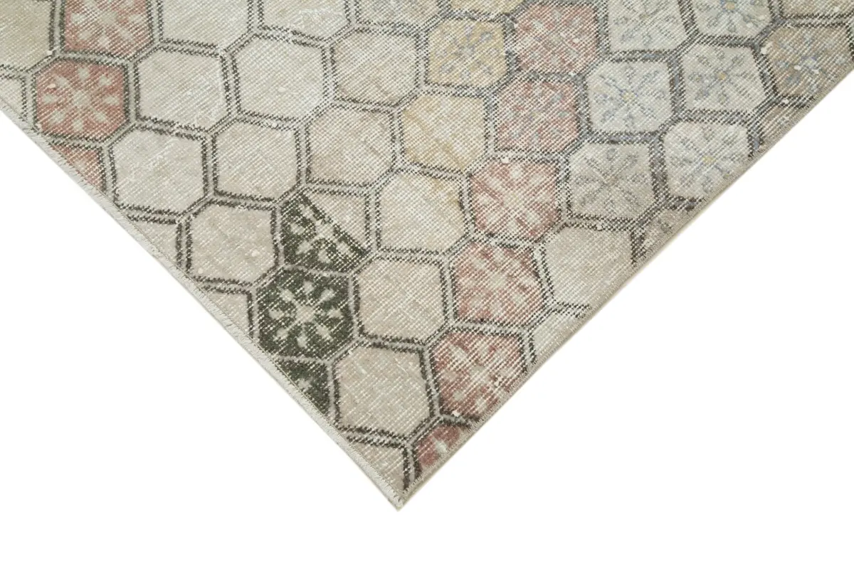 Damalı Modern Dizayn Geometrik Bej Pamuk Üstü Yün El Dokuma Halı-147x320 - Görsel 4