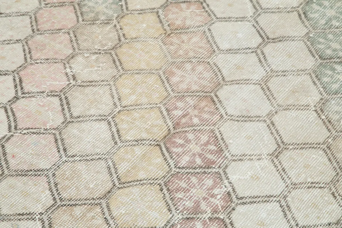 Damalı Modern Dizayn Geometrik Bej Pamuk Üstü Yün El Dokuma Halı-147x320 - Görsel 5