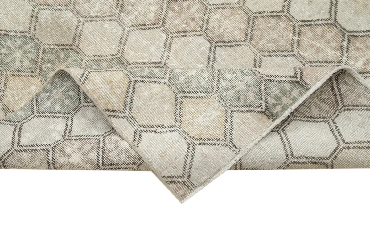 Damalı Modern Dizayn Geometrik Bej Pamuk Üstü Yün El Dokuma Halı-147x320 - Görsel 6